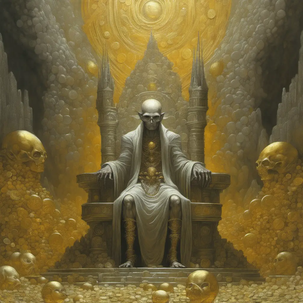Evil child god sitting on a mountain sized throne of gold and silver coins masses of tiny humans worshipping at its feed Beksiński detailed ants eye view