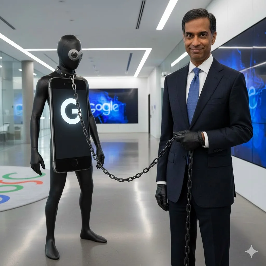 A figure in a black bodysuit wearing a smartphone as a torso with the Google logo on it, chained at the neck and leash held by a man in a business suit standing in a Google office lobby.